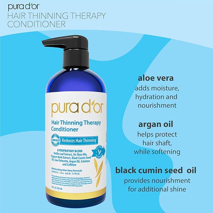PURA D'OR Hair Thinning Therapy Biotin Shampoo and Conditioner Set, CLINICALLY TESTED Effective Results, Hair Thickening Products For Women & Men, Natural Routine, Color Safe, 16oz x2