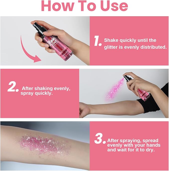 Pink Body Glitter Spray & Glitter Hairspray - Long-Lasting, Ultra-Shiny, Quick-Dry, Waterproof, Non-Clog Nozzle Design for Parties, Dances, Festivals, and Special Events