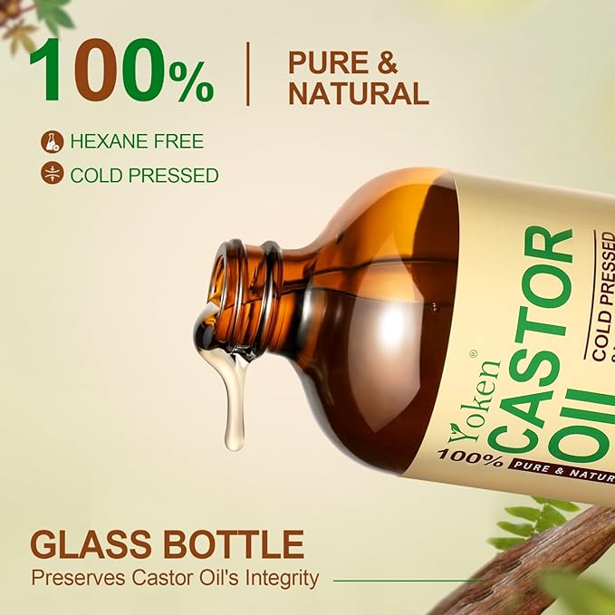EWG Verified Castor Oil Glass Bottle 16 fl oz 100% Pure Natural Cold Pressed Castor Oil for Face, Body, Hair, Eyelash, Skin - Hexane Free, Unrefined, Virgin, Rich Fatty Acid for Caster Pack Wrap