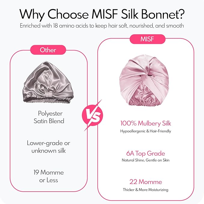 MISF 22 Momme 100% Real Mulberry Silk Bonnet For Sleeping Women, Double Layer Pure Silk Bonnet with Adjustable Elastic Band