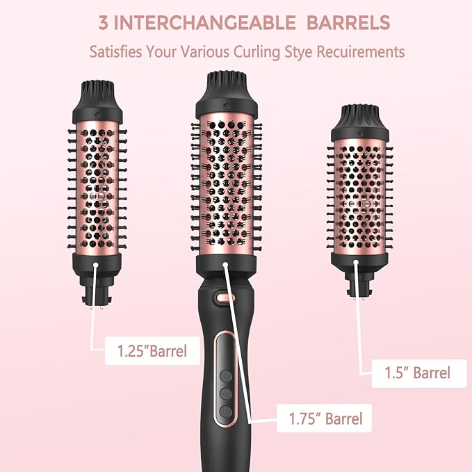 Thermal Brush Set 3-in-1 Curling Iron Brush Set, Dual Voltage 110-220V Thermal Hair Brush with 11 Temp Settings, 3 Interchangeable Travel Curling Irons (1.25“, 1.5”, & 1.75" Barrels) (Pink)