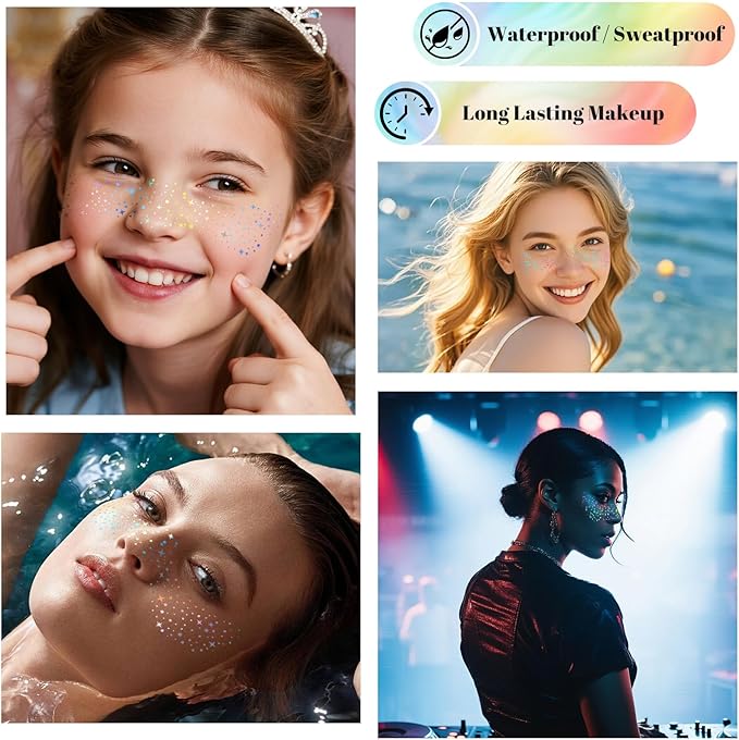 24pcs Glitter Freckles Face Tattoo - Holographic Face Sparkle Freckles Temporary Tattoos for Women Girls, Multicolor Freckles Makeup Patches for Party, Concerts, Daily Accessories