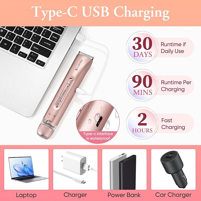 2 in 1 Women Electric Shaver Dual Head Bikini Trimmer for Women IPX7 Waterproof Wet & Dry Use Body Hair Trimmer and Facial Hair Remover for Bikini Underarm Leg Arm Body Face