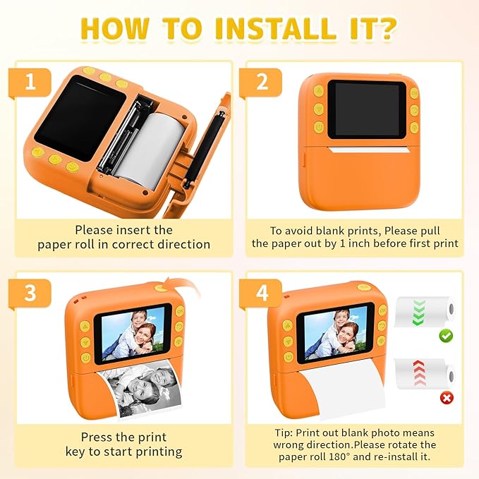 Instant Print Camera for Kids, Christmas Birthday Gifts for Girls Boys, 1080P Instant Digital Print Cameras for Toddler,Portable Toy for 4 5 6 7 8 9 10 Year Old Girl with 32GB SD Card，Orange