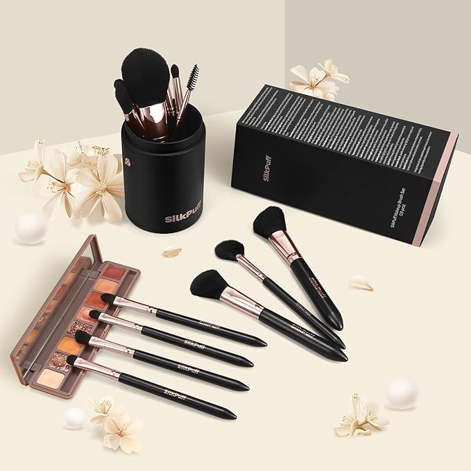 Silkpuff Makeup Brushes Set 15 Pcs Professional, Travel Makeup Brushes With Brush Case, Pearlescent Wood Handle, Premium Cruelty-Free Synthetic Fiber Hair, Foundation Concealer Eye Shadow Blush（Black）