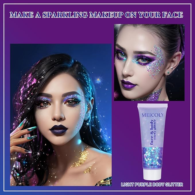 MEICOLY Light Purple Hair Glitter,Chameleon Purple Mermaid Face Glitter,Glitter Face Paint for Halloween,Mardi Gras Outfit for Women,Rave Glitter Makeup Sparkle Chunky Glitter for Women,50ml