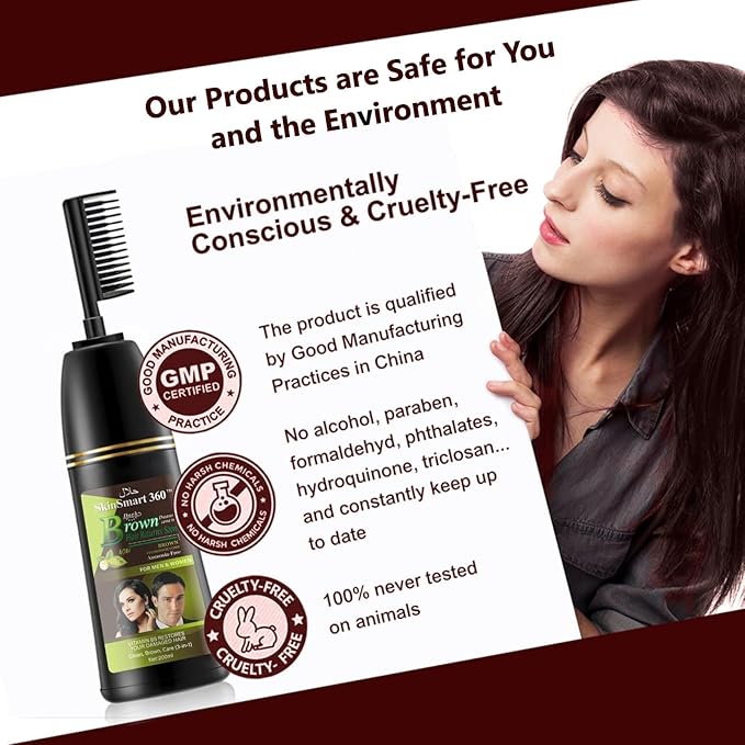 SkinSmart 360® No-Stain Hair Dye Shampoo – Full Gray Coverage for Men & Women, 3-in-1 Color + Cleanse + Condition, Natural Ingredients, Easy No-Mix Formula, 200 mL (Dark Brown + Magic Comb)