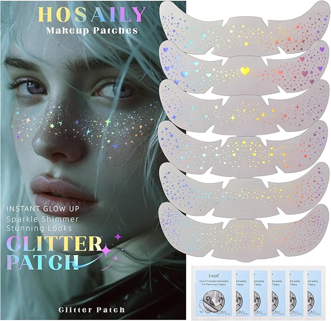 6 pcs Holographic Glitter Freckles Face Tattoo, Waterproof Sparkle Body Glitter Speckles Patches for Women, Cute Star Glitter Stickers Temporary Tattoo Makeup Accessories for Festival Rave
