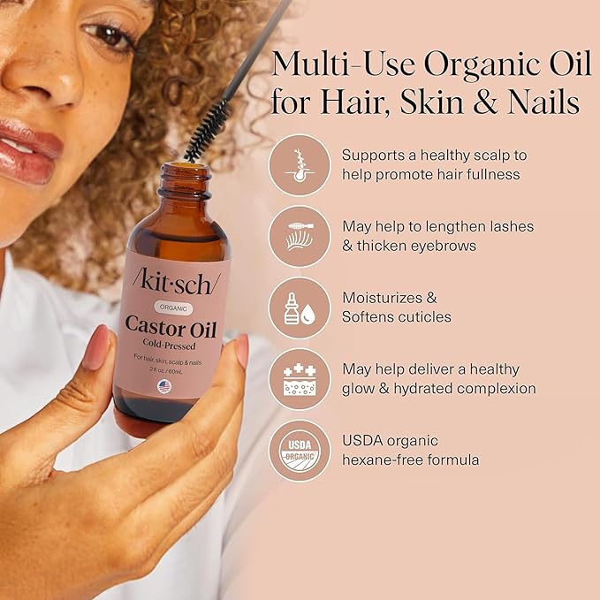 Kitsch Organic Castor Oil for Hair Growth - 100% Pure Castor Oil, Organic Cold Pressed Unrefined Glass Bottle for Face, Skin, Lashes, Brows, Scalp, Nails & Belly Button | Ideal Gifts for Women - 2 oz