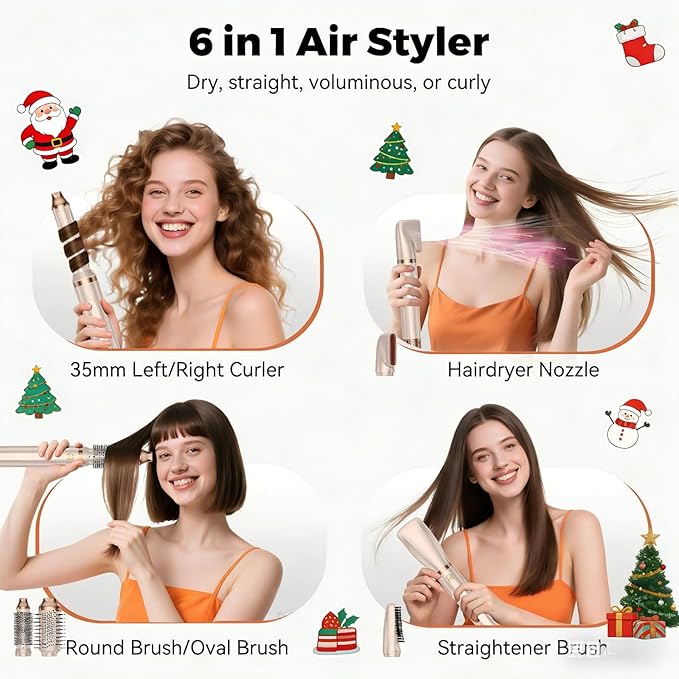 6 in 1 Hair Styler,110-120V Hair Dryer Brush,110,000 RPM High-Speed,Negative Ion & 4 Adjustable Temp Hot-Air Hair Brush,Detachable Hot Air Styler Set for Women (Pink Gold)