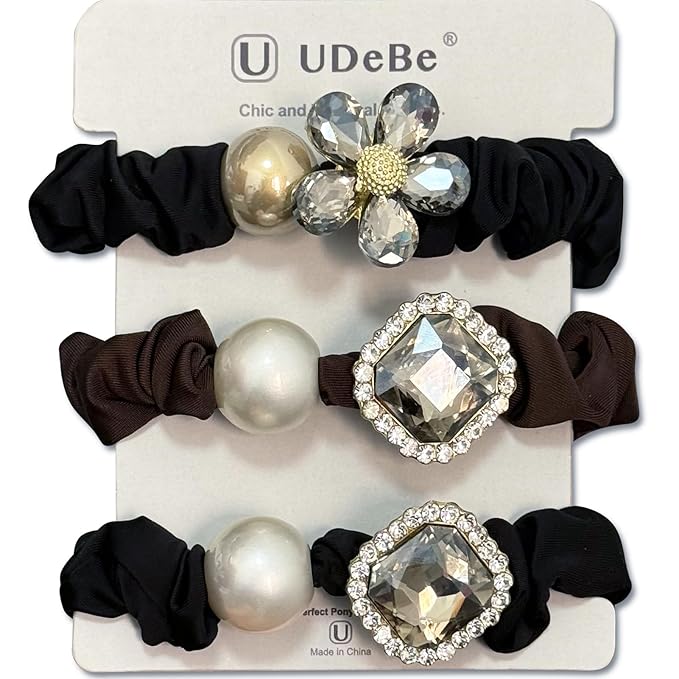 Silk Scrunchies Hair Ties 3Packs – Super Soft Thin Hair Scrunchies, Gentle on Hair, Faux Pearl & Crystal Decorated Hair Accessories for Women