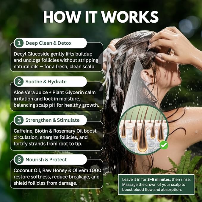 PRIMALS Hair Strengthening Shampoo - Caffiene, Biotin, Raw Honey, Rosemary Oil - Anti Hair Thinning - Natural Ingredients - Zero Artificial Fragrances, Sulfates, Parabens, or Dyes - 13.5 Fl Oz