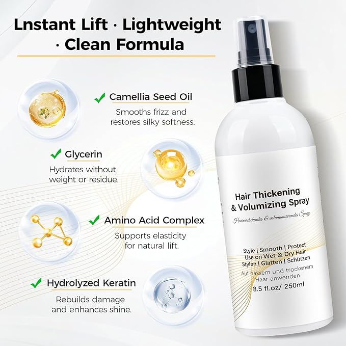 Hair Volumizer Thickening Spray (8.5 oz), Volume Texturizing Spray for Fine Hair Women & Men, Organic Ingredients, Protects, Strengthens & Repairs