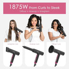 TOME Hair Dryer with Diffuser 1875W High Speed Blow Dryer Ionic 110000 RPM Cool Shot Lock 1 inch Air Curling Wands Nozzle Light Weight Hot Pink