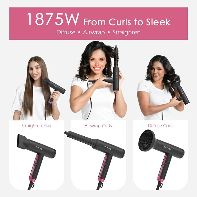 TOME Hair Dryer with Diffuser 1875W High Speed Blow Dryer Ionic 110000 RPM Cool Shot Lock 1 inch Air Curling Wands Nozzle Light Weight Hot Pink