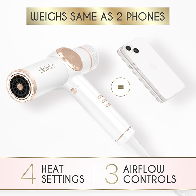 ELLA BELLA® Professional Ionic Hair Dryer with Diffuser • Negative Ion Blow Dryer • Suitable All Hair Types • Intelligent Heat Control & Rapid Drying Speeds • Lightweight Design • Low Noise Technology