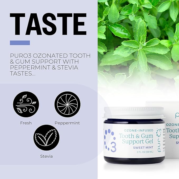 PurO3 Ozone Tooth & Gum Support – Ozonated Organic Olive Oil & Essential Oils for Complete Oral Care & Fresh Breath, Natural Fluoride-Free Solution for Deep Cleaning, Peppermint/Stevia, 2 Fl Oz Gel