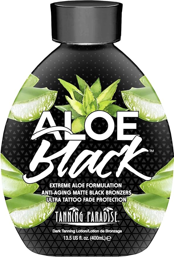 Tanning Paradise Aloe Black Lotion – Anti-Aging Matte Black Bronzer, Anti-Orange, Tattoo & Color Fade Protection, Deep Hydration, Matte Blackest Bronzer, Aloe Vera 13.5 oz