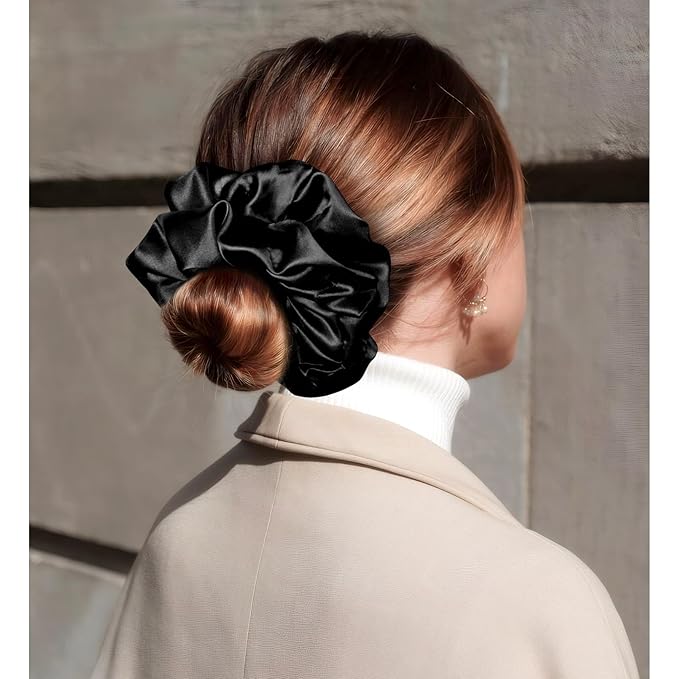 CEELGON Black Big Satin Scrunchie6.5 Inches Jumbo Scrunchies Silky Hair Ties Oversized Ponytail Holderfor Thick Curly Hair Extra Large Hair Accessories for Women (Black)