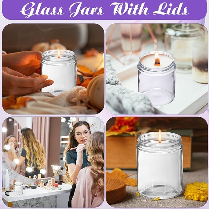 24 Pcs 8 oz Glass Jars with Lids, Clear Candle Jars with Black Lids Round Empty Candles Container Tins for Candle Making Storing Lotions Spice Powder Liquid Sample Makeup (Clear)