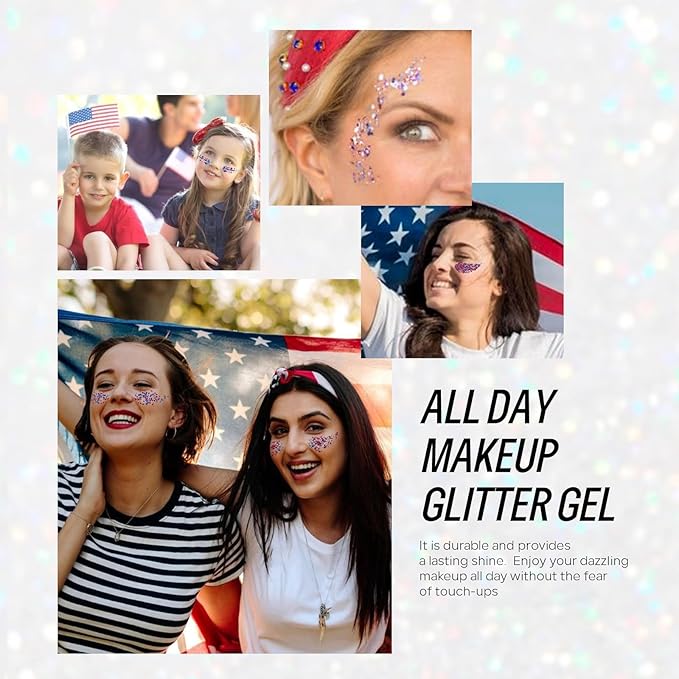 Red White Blue Face Body Hair Glitter Gel, USA Flag Pride 4th of July Patriotic Accessories Face Paint Glitter Makeup, 6 Kinds of Sparkling Sequins for Independence Day Patriotic Veterans Day