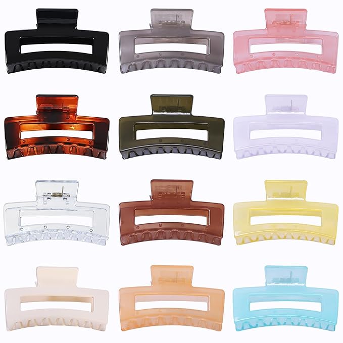 12 Pack Medium Square Claw Hair Clips, 3.5 x 2 x 1.1 inch, Shiny, 12 Colors, Hair Accessories for Women and Girls, Rectangular Rectangle Jaw Clips for Thick and Thin Hair Securing, 12 Pieces