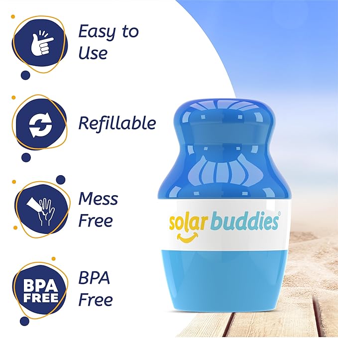 Solar Buddies Sunscreen Applicator - Single Full Blue - Refillable Roll on Sponge Sunscreen, Suncream & Lotion Applicator For Kids, Adults & Families - Holds 3.4fl oz, Perfect Size for Travel