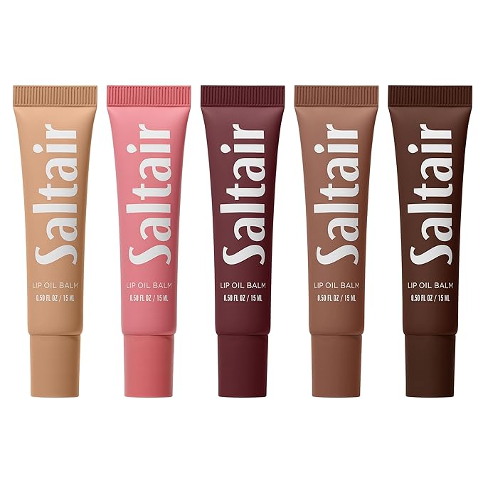 Saltair Hydrating Lip Oil Balm, Clear and Tinted Lip Gloss, Essentials Shades 5-Pack. Moisturizing Vegan Conditioning for Dry Cracked Lips with Glossy High-Shine Finish. Coconut Vanilla Flavor