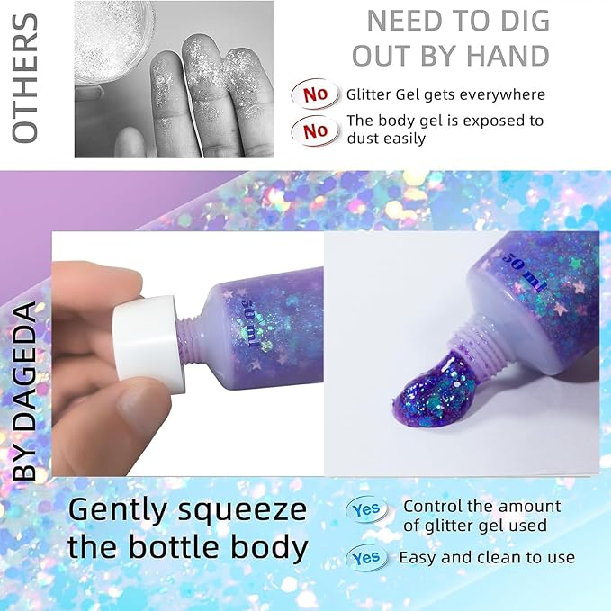 DAGEDA Body Glitter Gel, Face Glitters Body Gel Sequins Shimmer Liquid Eyeshadow, Chunky Glitter for Face Hair Nails, Holographic Cosmetic Laser Powder Festival Glitter Makeup1.7oz (Violet)