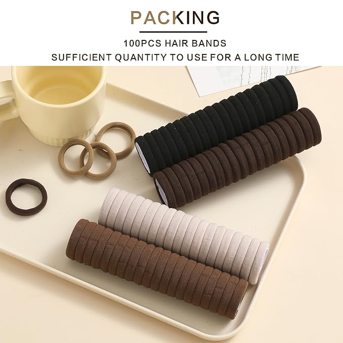SYGY Hair Tie, 100PCS Hair Ties for Thick Thin Hair, Seamless Cotton Hair Bands, No Damage for Women, Soft Hair Accessories Ponytail Holders, Brown Color