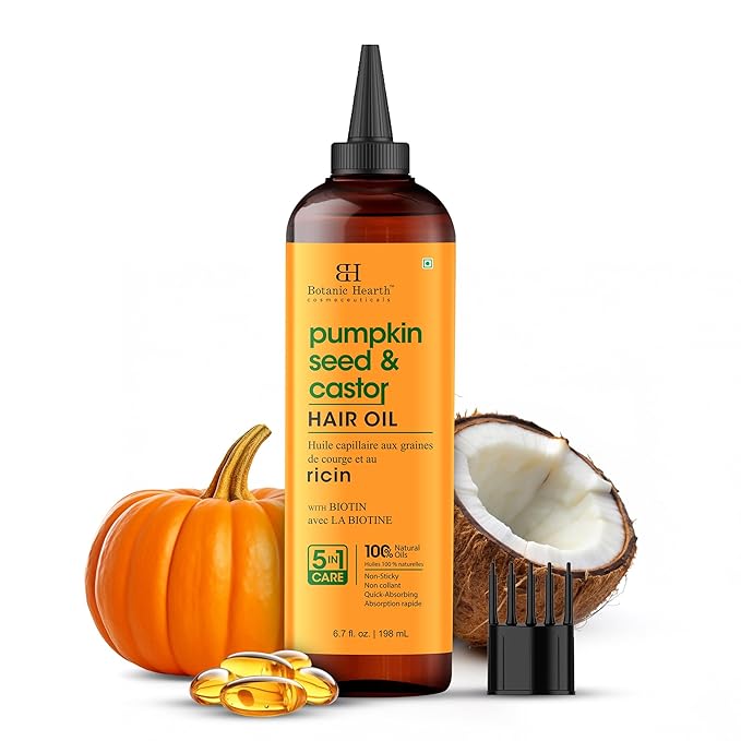 Botanic Hearth Hair Oil for Hair Growth | Strengthening Dry, Frizzy, Damaged Hair & Scalp Treatment | No Parabens or Harmful Sulfates | All Hair Types | Pumpkin & Castor Hair Oil - 6.7 Fl Oz