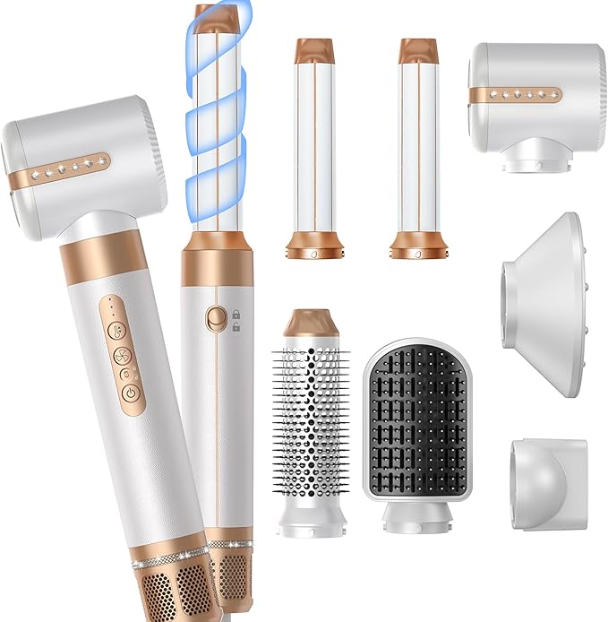 Blow Dryer Brush 7 in ONE，Autowrap Curling Wand, 110,000 RPM High-Speed Negative Ionic Hair Dryer with Diffuser Concentrator, Round Brush Blow Dryer Air Styler, Volumizing Hair Styling Tools