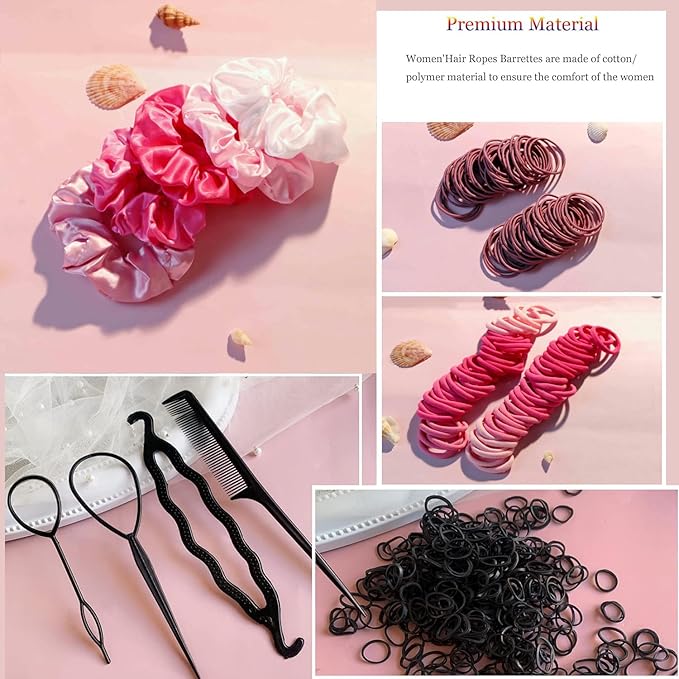 YANRONG Hair Accessories for Woman Set, 755PCS Seamless Ponytail Holders Variety Hair Scrunchies Hair Bands Scrunchy Hair Ties For Thick and Curly (Rose)