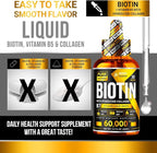 Liquid Biotin & Collagen Hair Growth Drops 60,000mcg - Biotin and Liquid Collagen Supplement for Men & Women - Glowing Skin Support, Healthy Hair & Nail Growth - 2oz