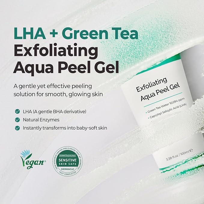 MOTHER MADE LHA Green Tea Exfoliating Aqua Peel Gel, Deep Pore Face Exfoliant, Gentle Facial Exfoliator, Dead Skin Remover, Natural Cellulose for Peeling, Vegan, Korean Skincare (100ml / 3.38 fl.oz)