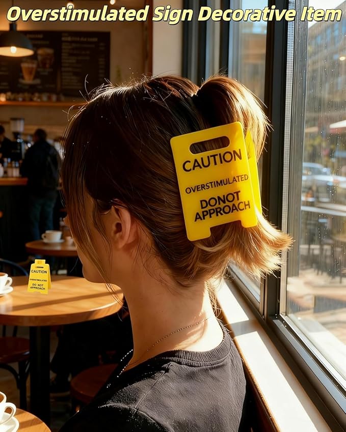 2PCS Overstimulated Caution Sign Hair Claw Clip,Yellow Caution Hair Clip,Do Not Approach Sign Hair Claws Hair Clips for Thick Hair,Funny Gag Gift for Women and Friends