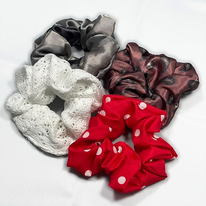 Large White Lace Hair Scrunchies for Women, Girl Hair Bands, Hair Ties, Ponytail Holders, hair accessories, Soft and Stretchy, 5"~5.5" diameter。4 pcs White (Grey Silver+Lace+Poka dot+Amoebic)