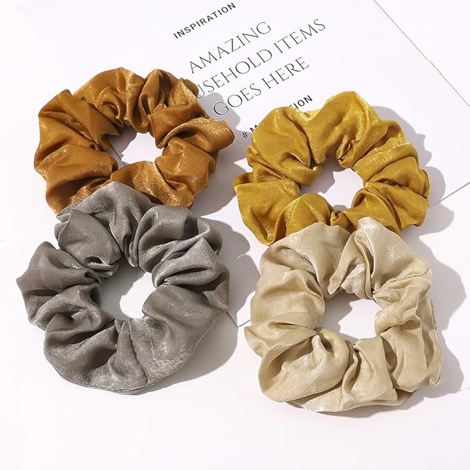 Silk Satin Scrunchies Women Hair Ties - Ivyu Big Scrunchy Ponytail Holder No Crease Hair Bands Soft Elastic No Hurt Your Hair for Vsco Girl Women Beige Gray Dard Yellow Light Yellow