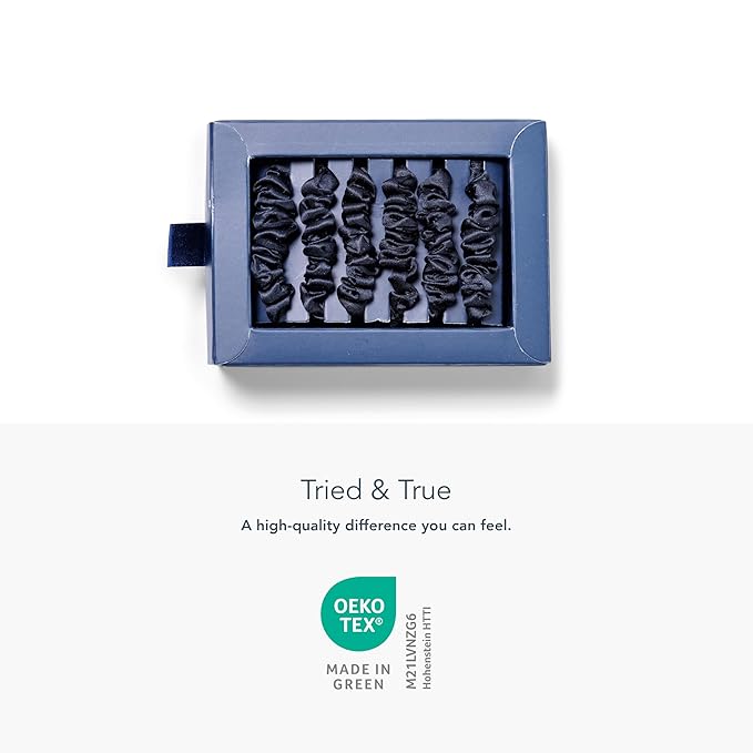 Fishers Finery 25 Momme Pure Mulberry Silk Black Scrunchies | Skinny Silk Hair Ties (Black 6 Pk)