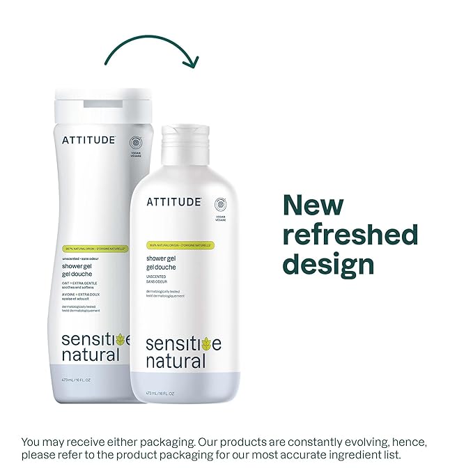 ATTITUDE Body Wash for Sensitive Skin with Oat, EWG Verified, Dermatologically Tested, Vegan, Extra Gentle, Unscented, 16 Fl Oz