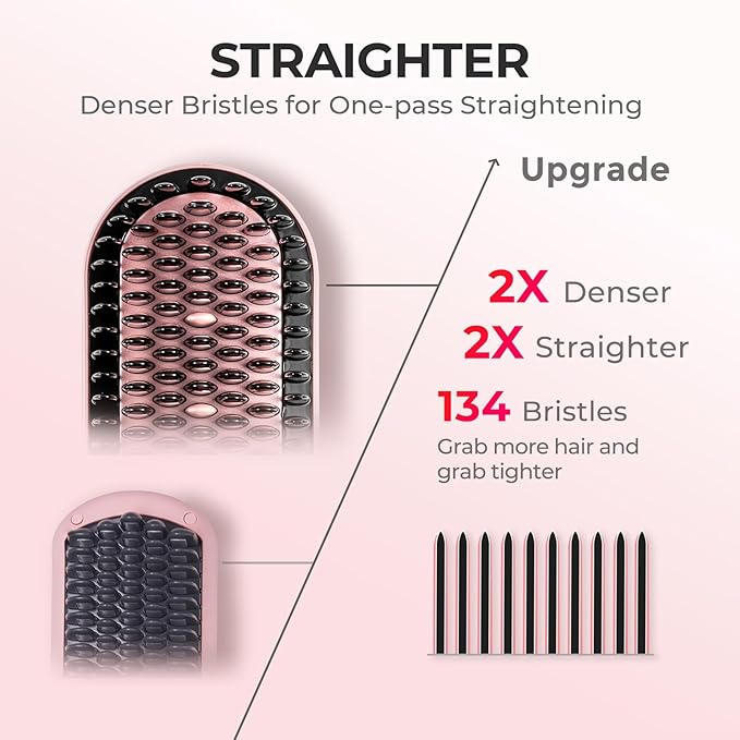 TYMO Hair Straightener Brush - Upgraded Ionic Plus Straightening Brush with Dense Bristles, 16 Temps, Dual Voltage | Ceramic Hot Comb for Women | Flat Iron for Thick Curly Hair, Pink