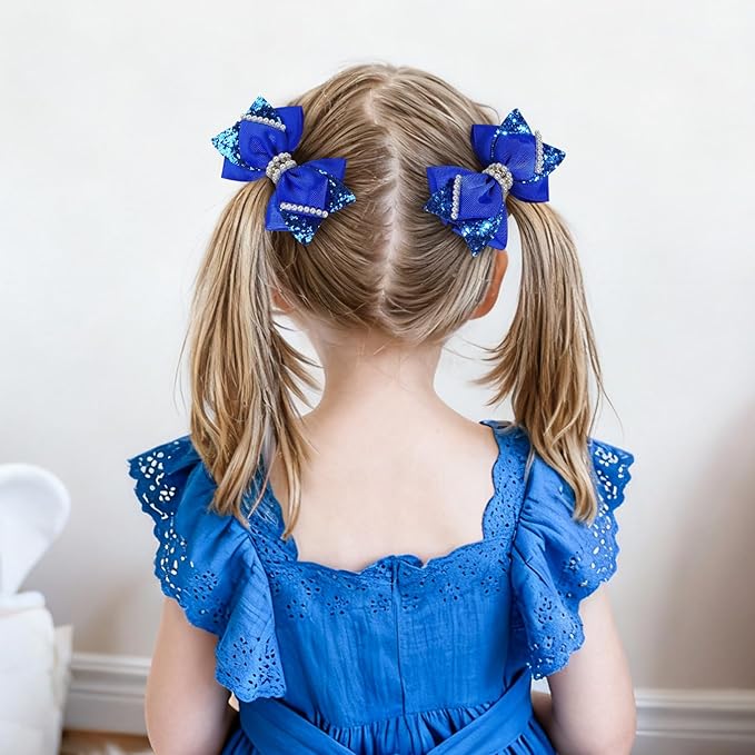 4" Sparkly Glitter Sequin Ribbon Hair Bow Clips,Pearl Wedding Boutique Alligator Barrettes Pins for Teens Toddler,Cheerleader Girls Kids Birthday Party Dress Decor Accessory (Deep Blue)