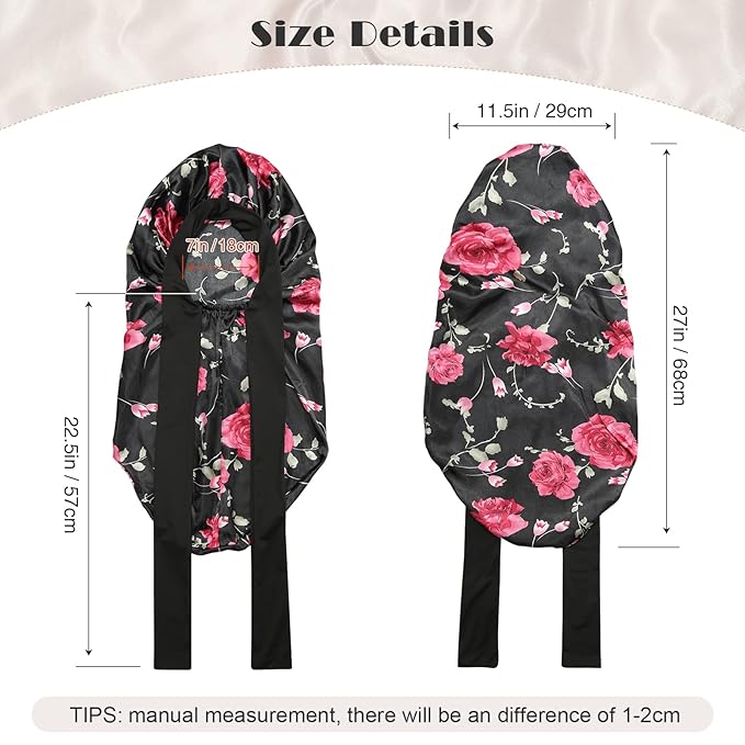 AWAYTR Long Satin Bonnet for Braids - Elastic Silk Hair Bonnets for Sleeping Night Cap Stretchy Tie Band for Women（Flower C）