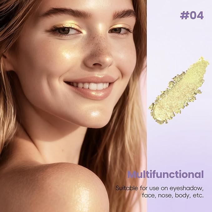 Holographic Champagne Gold Glitter Eyeshadow, Multichrome Shimmer Color Shifting Single Eyeshadow, Chameleon Metallic Iridescent Eye Shadow Palette Bouncy Texture Fairy Highlighter Makeup #4