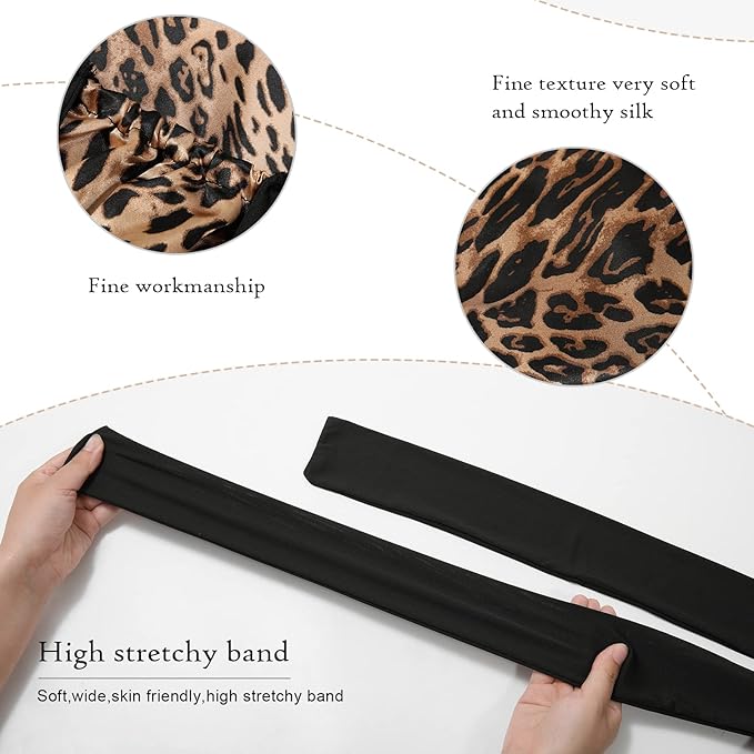 AWAYTR Long Satin Bonnet for Braids - Elastic Silk Hair Bonnets for Sleeping Night Cap Stretchy Tie Band for Women（Leopard）