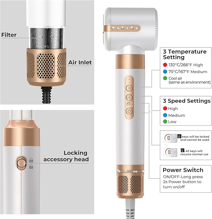 Blow Dryer Brush 7 in ONE，Autowrap Curling Wand, 110,000 RPM High-Speed Negative Ionic Hair Dryer with Diffuser Concentrator, Round Brush Blow Dryer Air Styler, Volumizing Hair Styling Tools