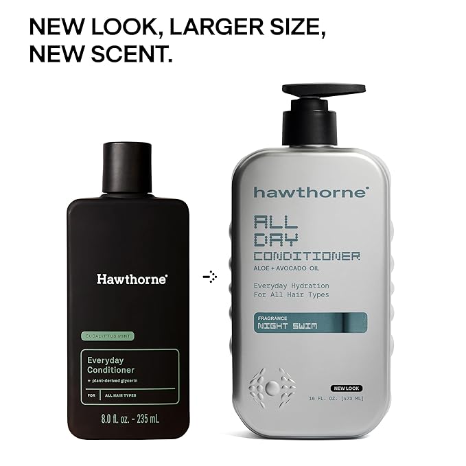 Hawthorne All Day Men's Shampoo and Conditioner Set. Sulfate Free Shampoo and Conditioner with Pure Avocado Oil and Aloe For Stronger, Healthier Hair. Night Swim Cologne Scent. 16 fl. oz. each.