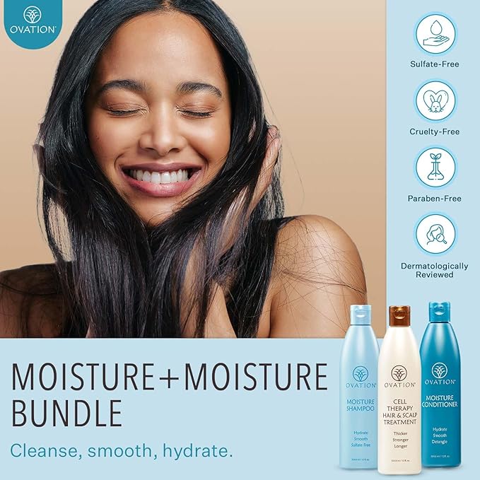 Ovation Hair Moisturizing 3-Step Bundle for Dry Hair with Moisture Shampoo & Conditioner, Cell Therapy Hair Growth & Healthy Scalp Treatment - Nourish, Smooth, Detangle & Hydrate Dry or Brittle Hair