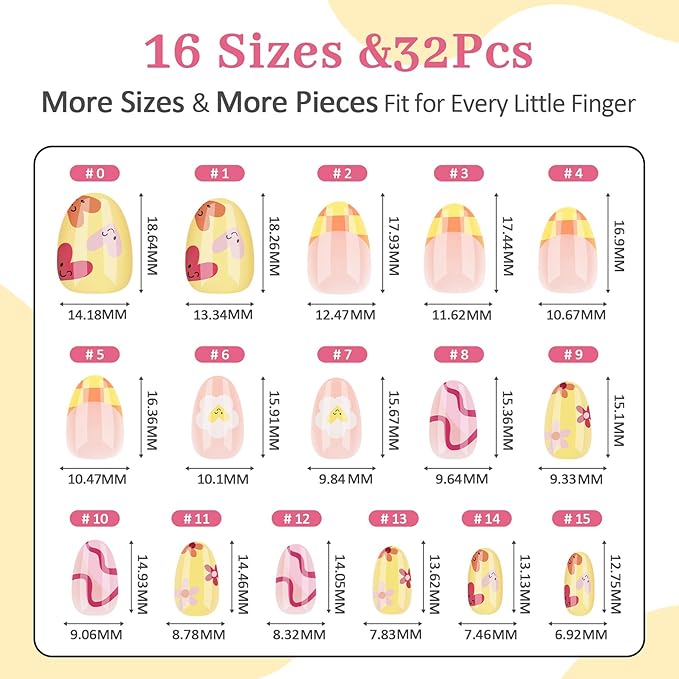 16 Sizes Press on Nails Kit for Kids - 32 Pieces French Almond Fake Nail Tips for Girls 8-12 Years Old with Jelly Nail Adhesives & No-Lamp Nail Glue, Birthday Christmas Gifts (Happy Smile)