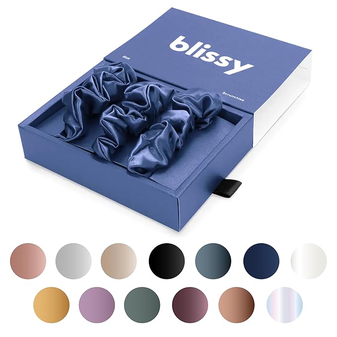 Blissy Silk Scrunchies (3 Pack) - 100% Pure Mulberry Silk - 22 Momme 6A High-Grade Fibers Scrunchie for Straight & Curly Hair - Preventing Breakage, Tangling, & Creasing (Blue Regular)